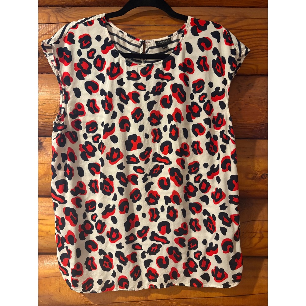 Talbots Petites Leopard Stripe Mixed Print Blouse Red Black Navy XL P XL-P‎